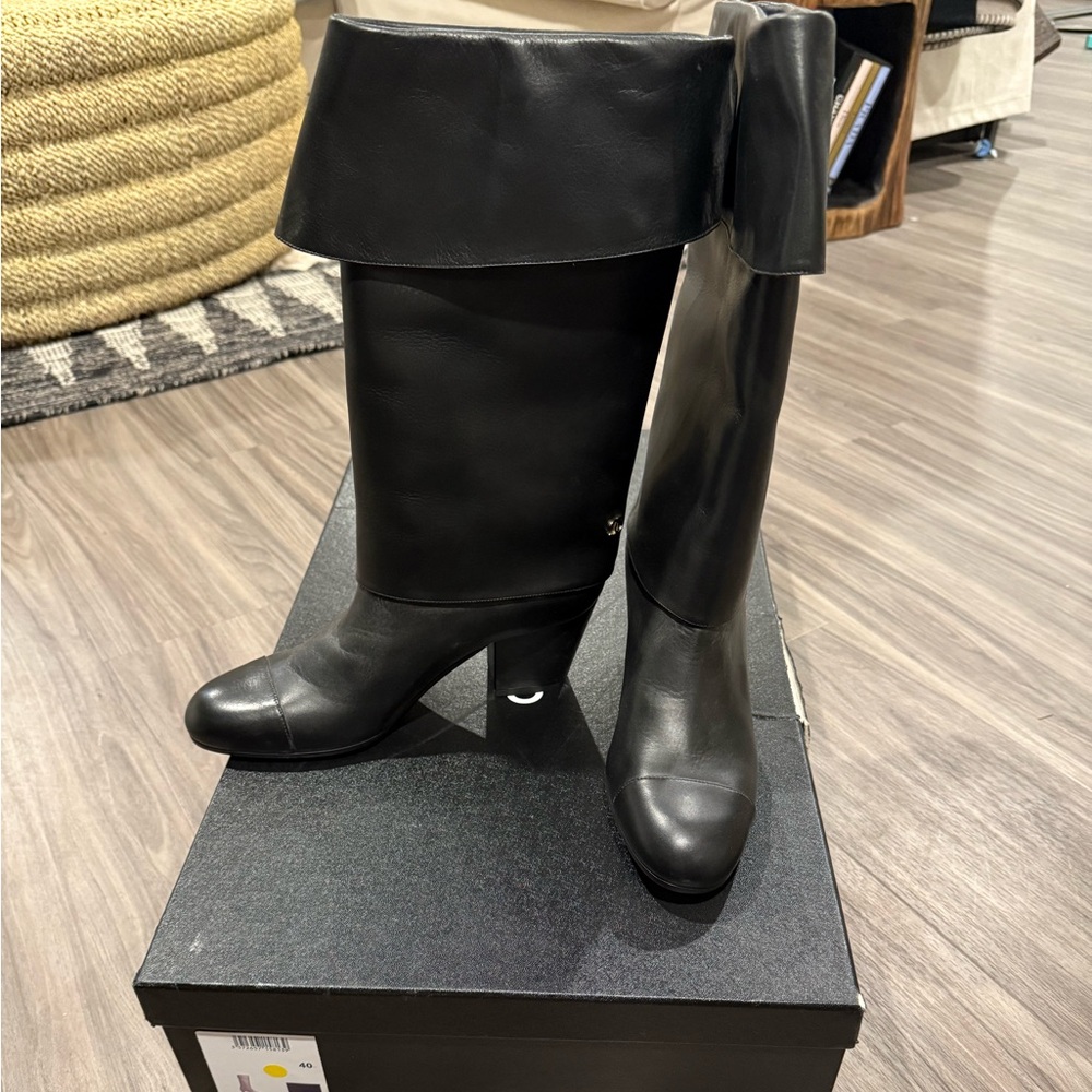 Authentic Chanel Black Mid-Calf Leather Boots
